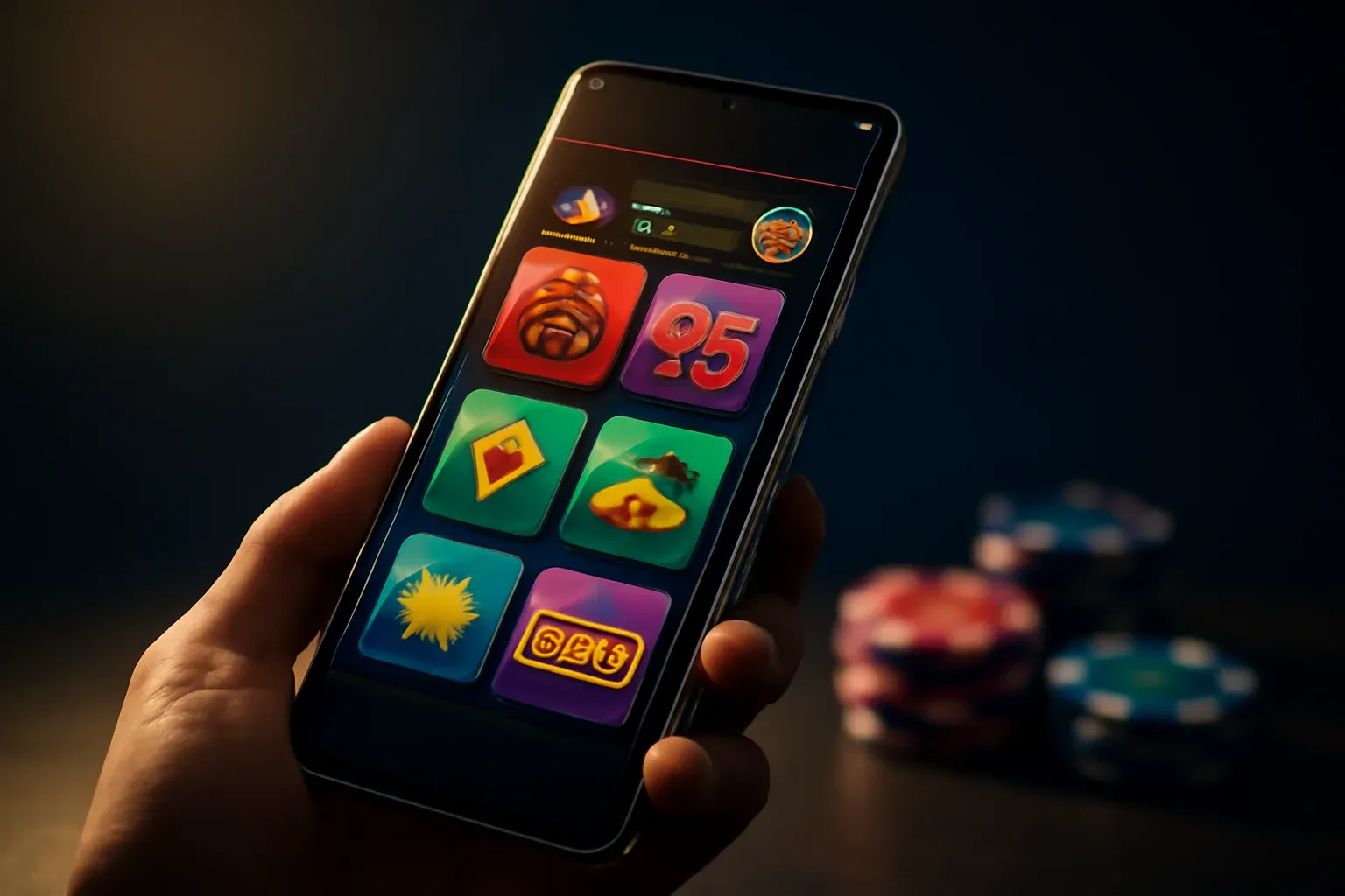 Hyperrealistic Android smartphone showing vivid casino app interface on dark background