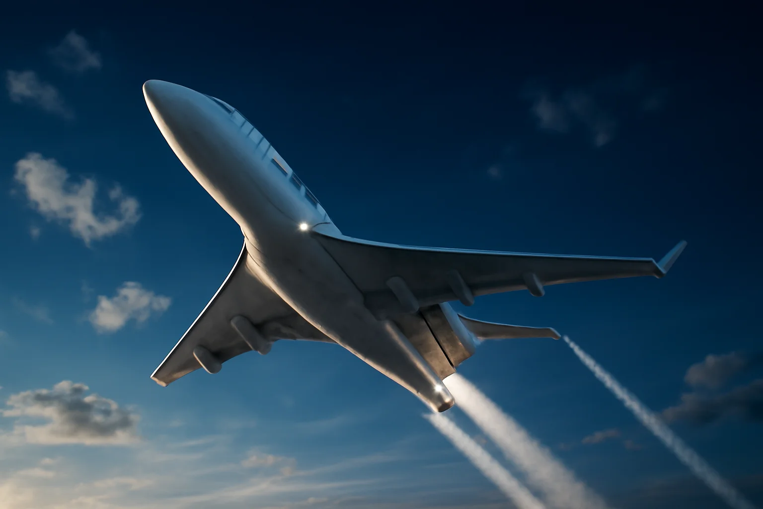 Sleek white jet aircraft climbing steeply in dramatic blue sky