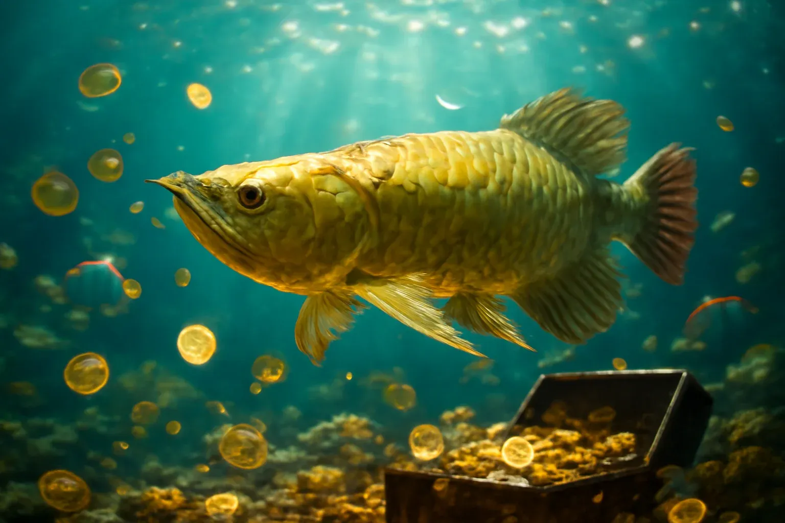Hyperrealistic golden dragon fish underwater with treasure coins and tropical fish