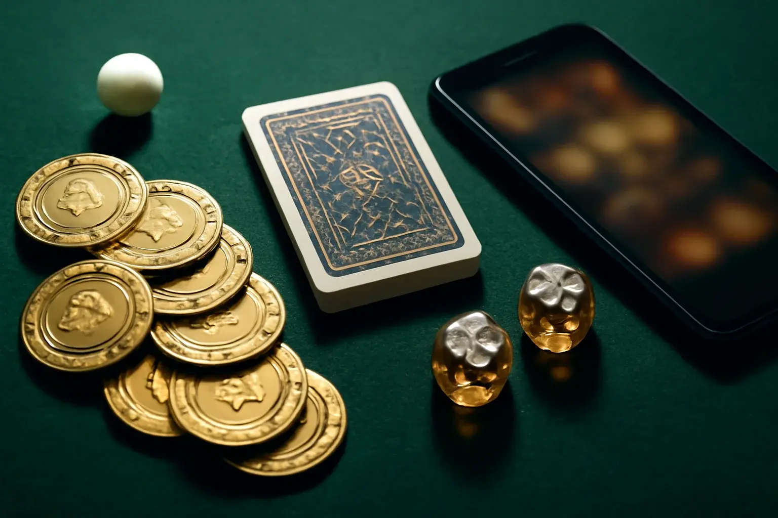 Top-down casino table with gold chips, cards, dice, roulette ball, smartphone
