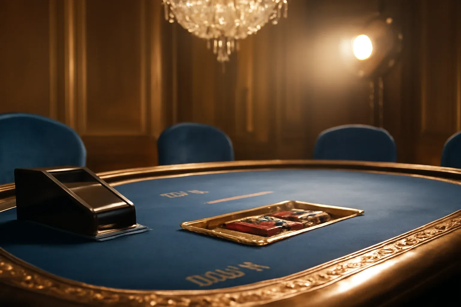 Hyperrealistic premium live baccarat studio in the Philippines with blue felt table