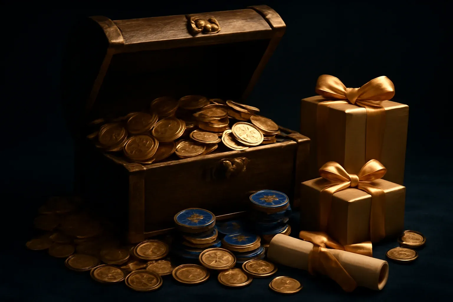 Overflowing treasure chest with gold coins, casino chips, vouchers, and gifts