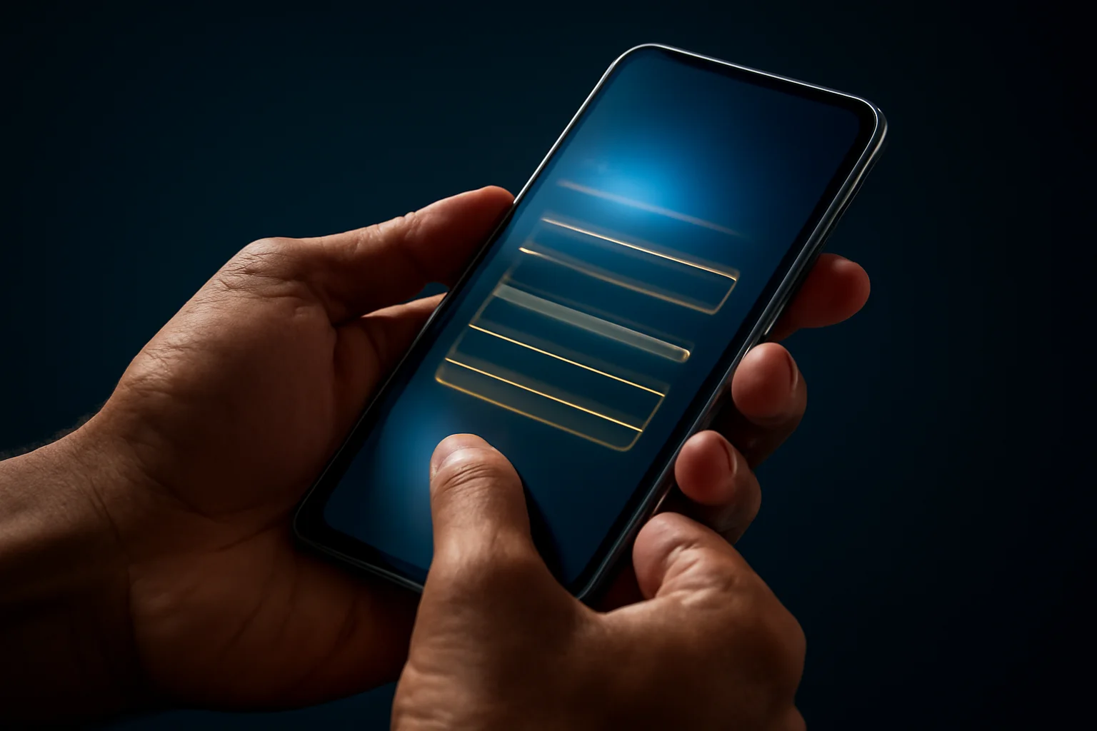 Filipino man's hands holding smartphone with glowing registration interface